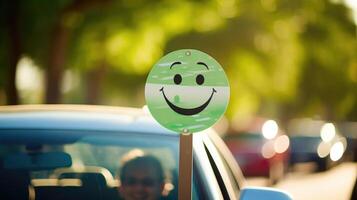 Closeup of a carpooling sign, held proudly by a smiling driver, indicating their commitment to reducing their carbon footprint. photo