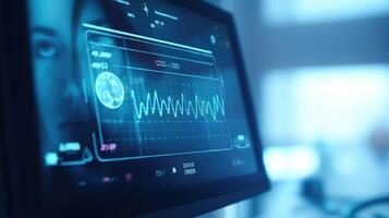 Macro shot of a virtual nurse avatars computer screen displaying vital signs and medication information for a patient. photo