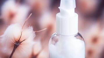Tight shot of a cotton swab being dipped into a bottle of acne clearing lotion. photo
