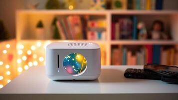 Closeup of a smart projector, displaying a virtual field trip for the children to explore from the comfort of their home. photo
