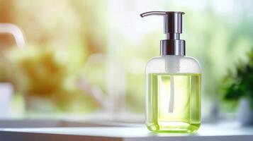 Closeup of a refillable hand soap dispenser, filled with ecofriendly foaming soap. photo