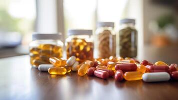 Closeup of a table with various health supplements and vitamins discussed during a virtual counseling session. photo