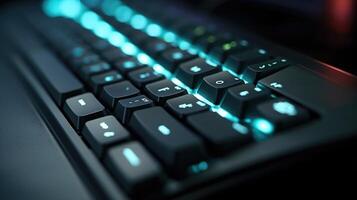 Detailed view of a keyboard, with the mute all players option visible for a controlled online gaming experience. photo
