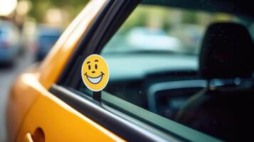 Closeup of a carpooling sticker, featuring a clever slogan and a e cartoon car, displayed on the back window of a car. photo