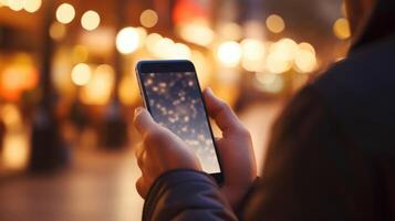 Extreme closeup of a hand holding a phone, tapping the screen to quickly share a friends status update on their own profile. photo