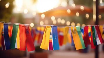 Closeup of colorful flags representing different countries in the virtual cultural exchange program. photo