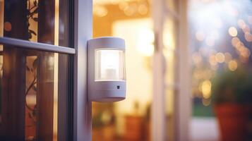 Closeup of a motion sensor attached to a doorway, allowing for automatic lighting control. photo