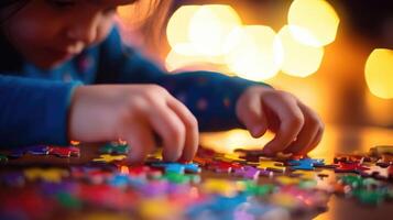Closeup of a childs hand arranging colorful puzzle pieces on a problemsolving game app. photo