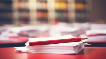 Closeup of a stack of test papers with a red pen marking incorrect answers, symbolizing the pressure on students to succeed despite extenuating circumstances. photo