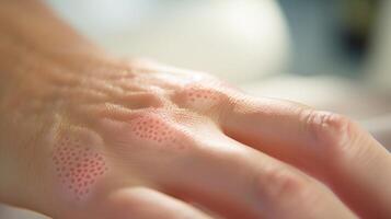 Macro closeup of a virtual dermatology appointment, showing the patients hands holding up a patch of problematic skin to the camera. photo