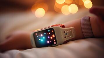 Extreme closeup of a babys wrist, wearing a wearable sleep tracker powered by AI to provide realtime sleep analysis and tips for parents. photo