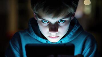Closeup of a teenage eye focused on reading an article about online safety and cyberbullying. photo