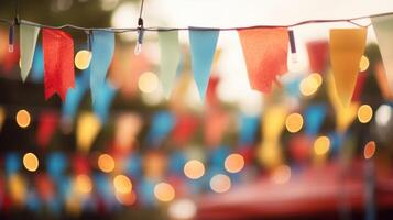 Closeup of a string of colorful bunting hanging as a backdrop to the stage. photo