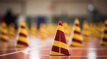 Closeup of cones set up in a zigzag pattern for dribbling drills. photo