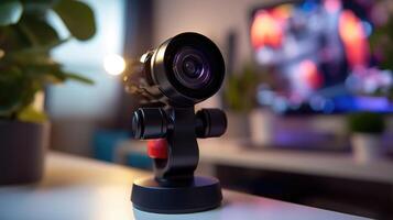 Closeup of a webcam, emphasizing the lack of physical interaction in remote learning. photo