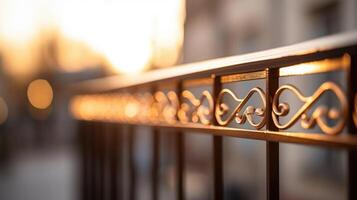 Closeup of a modern metal balcony railing, adding a touch of sophistication to a traditional style building. photo