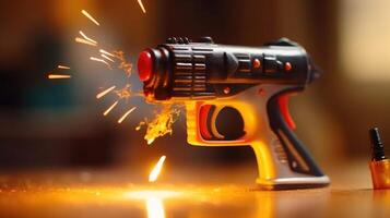 Closeup of a hot glue gun, securing a miniature replica of a famous prop from a popular TV program onto a piece of foam core board. photo