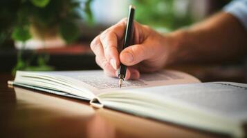 A hand turning the pages of a book titled Growth Strategies, with a highlighted section on effective goal setting. photo