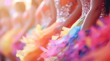 Closeup of colorful costumes swaying in a group dance routine photo