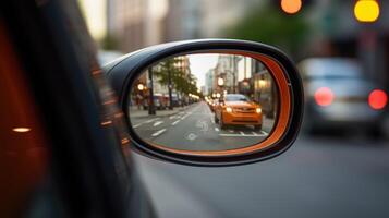 Closeup of a cars blind spot mirror highlighting potential hazards. photo