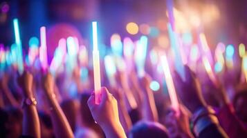 Closeup of a group of hands holding glow sticks, waving them in sync with the music. photo