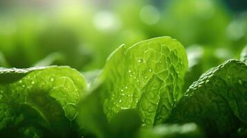 A macro closeup of a green leafy vegetable, displaying its intricate s and texture. photo
