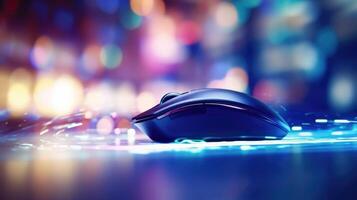 Macro shot of a computer mouse hovering over a block on on a monitoring software, disabling access to a specific website for a child. photo