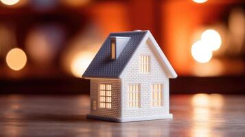 Closeup of a mini 3D printed house, with detailed architecture and a textured exterior. photo