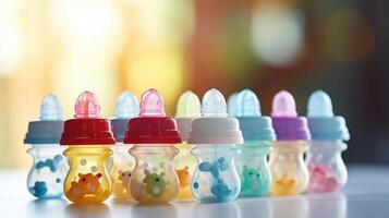 Closeup of a selection of baby bottles and pacifiers on a website. photo