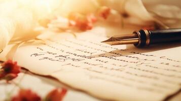 Closeup of calligraphy writing on a large, elegant piece of parchment paper. photo