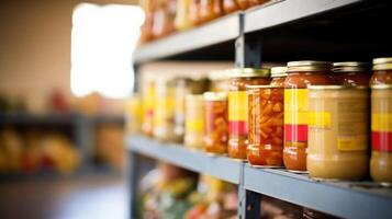 Closeup of a shelf filled with donated canned goods and nonperishable items at a communityshared resource centers food pantry. photo