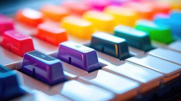 Macro shot of a tiny keyboard with colorful keys, symbolizing how easily kids can use AI for music composition. photo