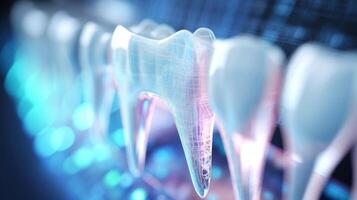 Extreme closeup of a tooth being analyzed by AI software for potential cavities or damage. photo