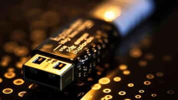 Macro image of a USB flash drive with the words Encrypt Your Data written on it. photo
