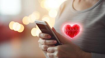 Detailed shot of a smarch displaying an elderly persons heart rate on a health monitoring app. photo