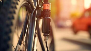 Closeup of a patch kit and mini pump attached to a bicycle frame, prepared for any unexpected flats during a city commute. photo