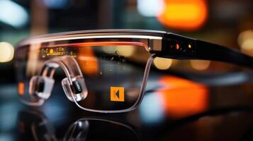 Closeup of a pair of smart glasses with builtin sensors that can detect eye fatigue and adjust screen brightness accordingly. photo