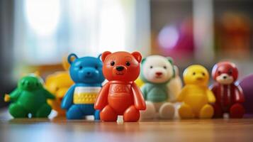 Closeup of a group of different toy objects used in a virtual parenting support group activity. photo