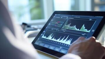 Macro shot of a digital tablet screen showing a graph of patient health data being examined by a doctor. photo
