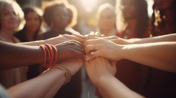 Closeup of a set of diverse hands holding a banner and forming a tight circle, representing the strength and solidarity of inclusivity. photo