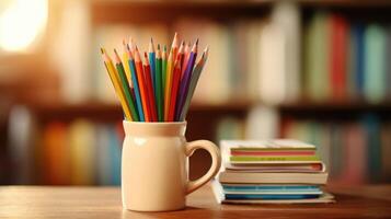 Closeup of a stack of books and a mug filled with pencils and pens on a desk in a tiny house study. photo