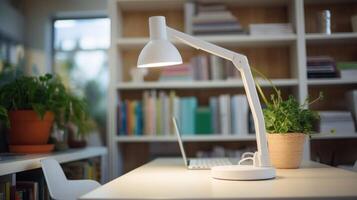 Closeup of a sleek white desk lamp illuminating a clutterfree workspace in a tiny house office. photo