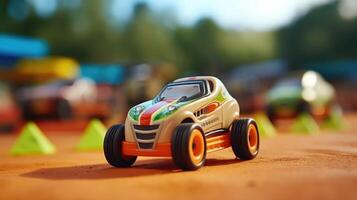 Closeup of a toy car with builtin AI technology, allowing it to navigate through obstacle courses and race tracks. photo