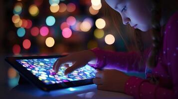 Closeup of a teens finger scrolling through an endless page of online resources on their tablet for a research paper. photo