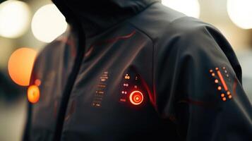 Closeup of a hightech jacket with sensors that track heart rate, breathing, and calorie burn during workouts. photo