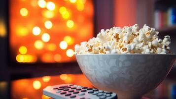 Closeup of a bowl of microwave popcorn with the streaming devices remote resting on top, ready for a night of bingewatching a trending TV series. photo