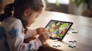 Closeup of a virtual puzzle being solved on a tablet during a virtual playdate. photo