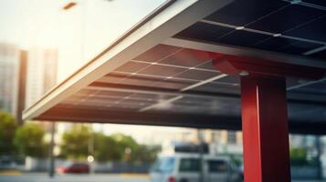 Detail of a solar panel installed on top of a bus shelter, providing renewable energy to the transportation hub. photo