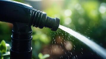 Closeup of a small, black watering nozzle attached to a plastic hose in an automated home gardening system. photo