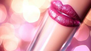 Closeup of a virtual lip gloss wand glossing over a vibrant pink lip color for a glossy finish. photo